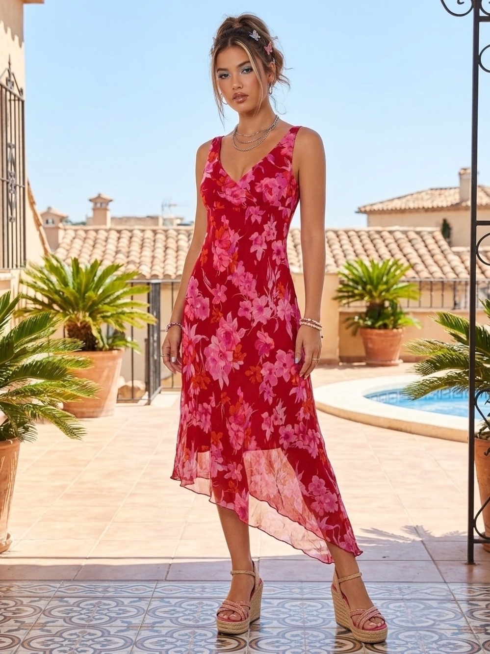 Byer Too! VTG Y2K Floral Midi Dress Asymmetrical Hem Red Pink Juniors Size 13